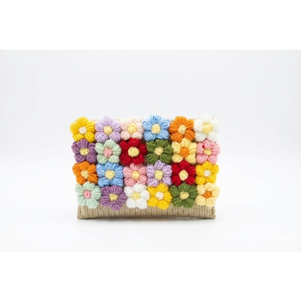 Handmade Crochet Floral Crossbody Bag Colorful Flower Boho Cottagecore Tan Woven